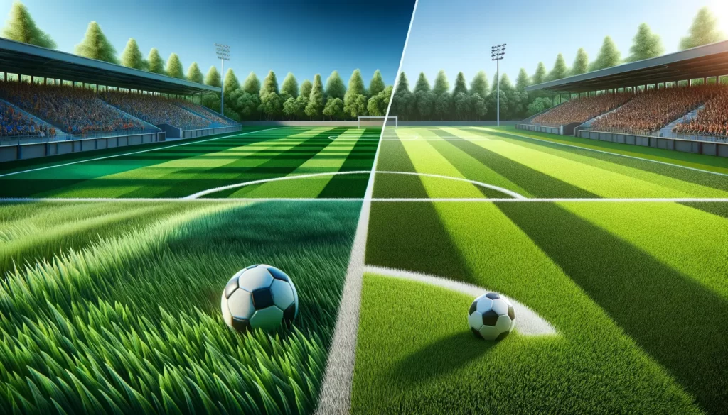 A side-by-side comparison of two sports fields, one with natural grass and the other with artificial turf. On the left, depict a lush, natural grass
