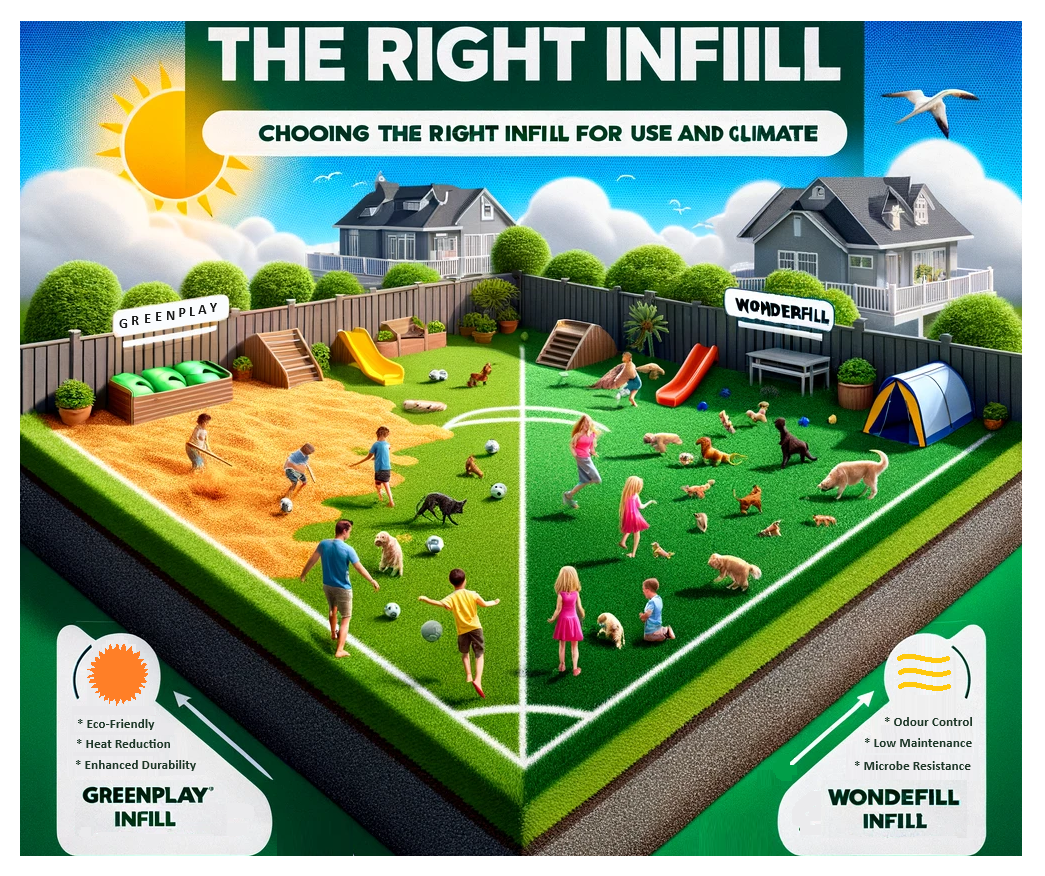 Here's the illustration reflecting the concept of choosing the right infill for artificial turf based on use and climate. The image showcases a split landscape, one side illustrating a sunny climate with heat-dissipating infill and the other a backyard designed for pets with infill that prevents odours and microbes.